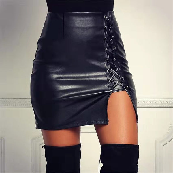 Lace-up Slim Fitting PU Leather Skirt! PU Leather Bottoms, Women Jeans, Femme Bottoms, Hot skirt 2301