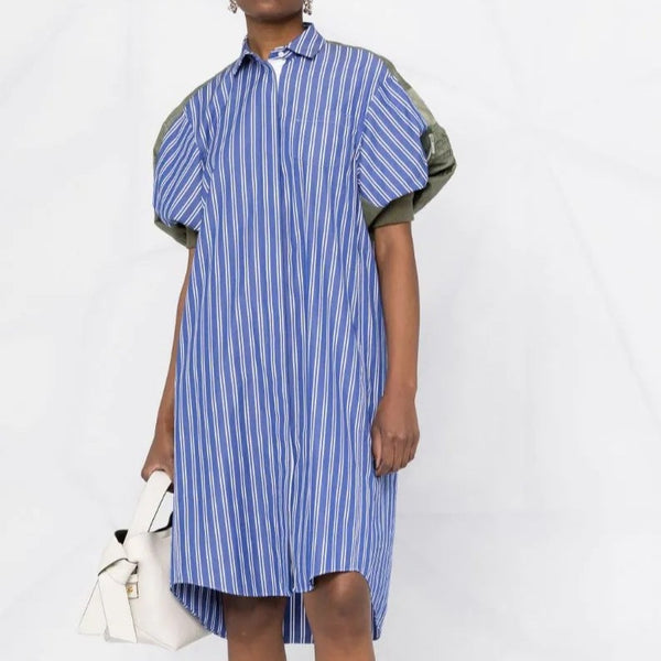 Blue Striped Silhouetted Chic Short Sleeve Loose Fitting Buttoned-up Shirt Dress! Women's Fashion 2205