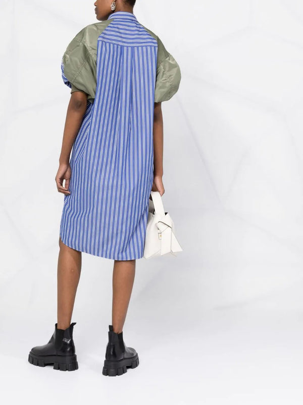 Blue Striped Silhouetted Chic Short Sleeve Loose Fitting Buttoned-up Shirt Dress! Women's Fashion 2205
