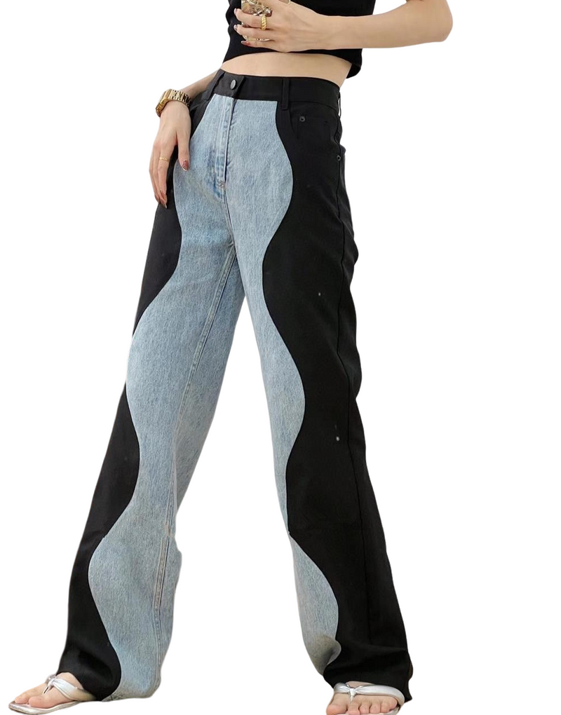 Curves Color Contrast Wide-Leg! High Waisted Blue Denim Jeans Femme Bottoms