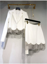 Rhinestone Tassels! Chic Fringed Crop Blazer and mini Skirt 2-Piece Set! High Street Fashion Trendy 2112 - KellyModa Store