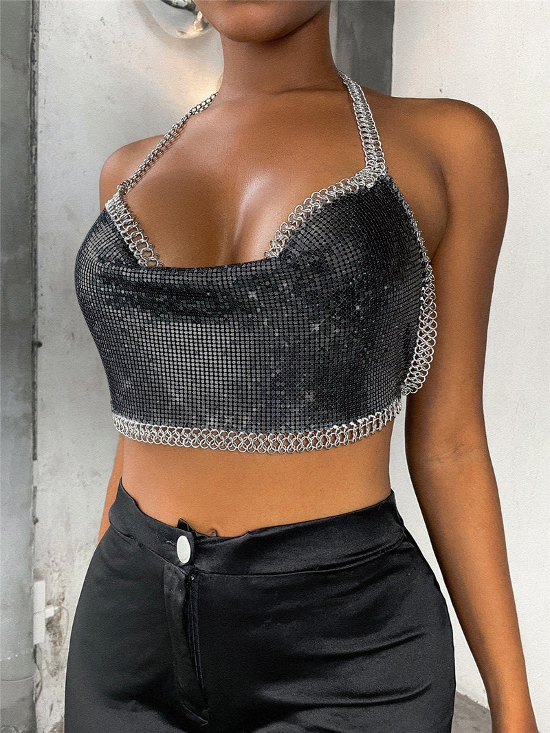 HipHop Metallic Shining Sexy Backless Halter Crop Top, Shining Hot Tops for Club Party - KellyModa Store