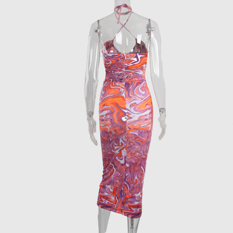 Purple Printed Slim-Fitting Backless Halter Dress! Casual Cut Out Dress Sexy Sun Dress 2112 - KellyModa Store