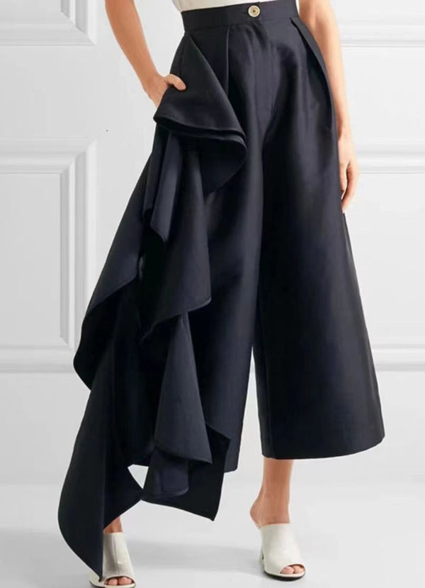 Skirt Like Asymmetric Wide Leg Pants! Navy Color Big Ruffled Pants Femme Bottoms