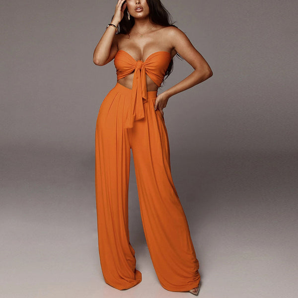 Tied-Up Strapless Top and Wide Leg Pants 2-piece Set! Sexy Loose Fitting Cyber Celebrity Fashion 2112 - KellyModa Store