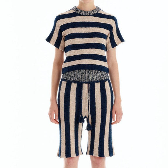 Navy Striped Tee shirt and Shorts 2-Piece Knitwear Set! Casual Sweater Designer Fashion 2208