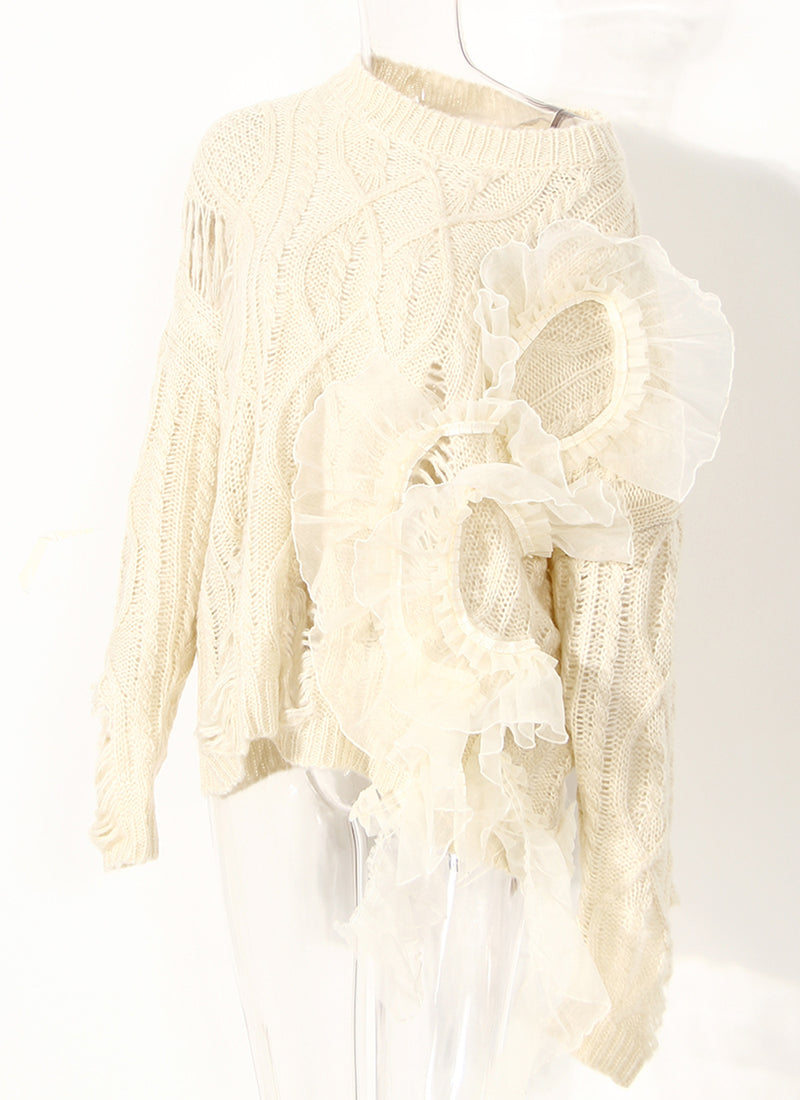 Organza Ruffled Ripped Sweater Top Knitwear!  Casual Sweater Top Celebrity Fashion 2207