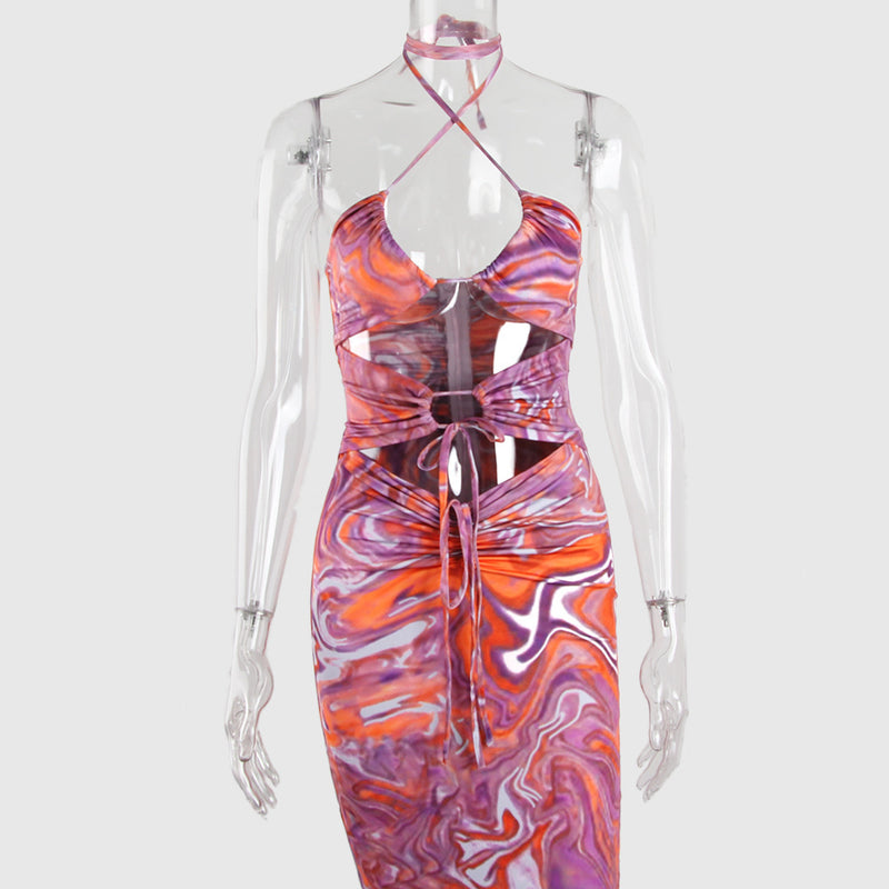 Purple Printed Slim-Fitting Backless Halter Dress! Casual Cut Out Dress Sexy Sun Dress 2112 - KellyModa Store