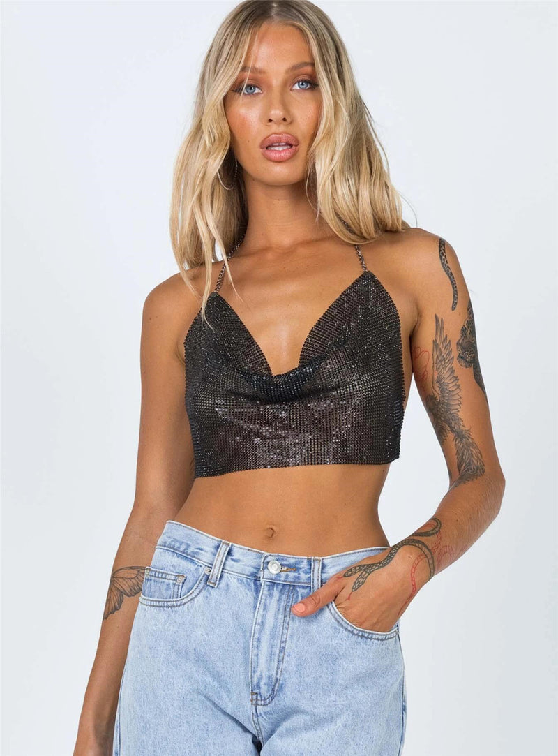 Shorter Edition Sexy Backless Halter Crop Top with Flicker Sequins Fabric, Shining Tops - KellyModa Store