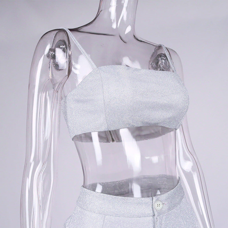 Silver Shiny Slip Crop Top and Wide Leg Pants 2-piece Set! Sexy Camisole Celebrity Fashion 2111 - KellyModa Store