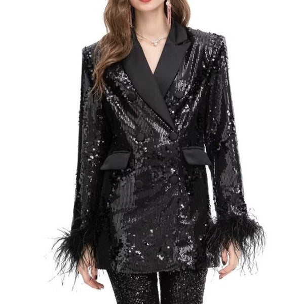 Black Shine Blingbling Sequins Blazer Dress with Feathers! Clubwear Event Fashion Lady Dress 2304