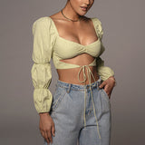 Cropped Hollow Out Shirt! Sexy Long Sleeve show the Should top with Puffy Wrinkled Sleeves 2112 - KellyModa Store