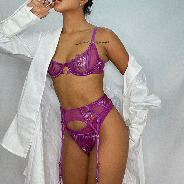 Purple Floral! Sexy Embroidered Lingerie Bra Panty and Garter Belt 3-Piece Matching Set, Sexy Lingerie Underwear