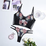 Pink FLowers and Fish Scale! Sexy See-through Mesh Lingerie Bra and Panty Set, Sexy Lingerie, Embroidery Underwear - KellyModa Store