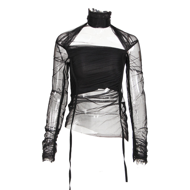 Trendy See-Through Mesh Long Sleeve Turtle Neck Top ! Cut Off Top Cyber Fashion 2205