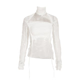 Trendy See-Through Mesh Long Sleeve Turtle Neck Top ! Cut Off Top Cyber Fashion 2205