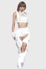 K-Pop Icon Lisa's Look Denim Harness Laced-up Crop top and Hollow Out Pants 2-piece Set! 2205