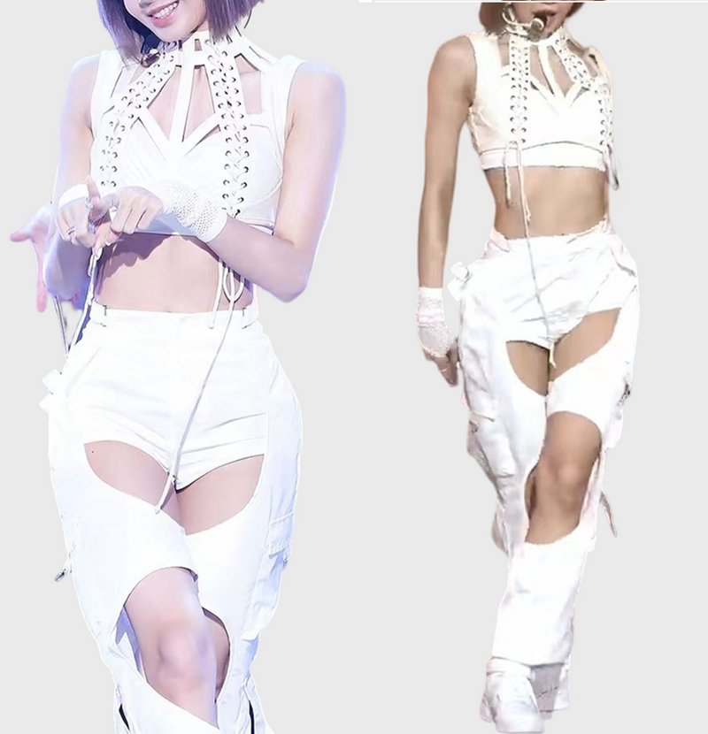 K-Pop Icon Lisa's Look Denim Harness Laced-up Crop top and Hollow Out Pants 2-piece Set! 2205