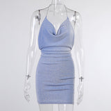 Metal Chain Halter Backless Dress! Shining Blue Sexy Party Dress NightClub Celebrity Fashion 2201