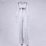 Silver Shiny Slip Crop Top and Wide Leg Pants 2-piece Set! Sexy Camisole Celebrity Fashion 2111 - KellyModa Store