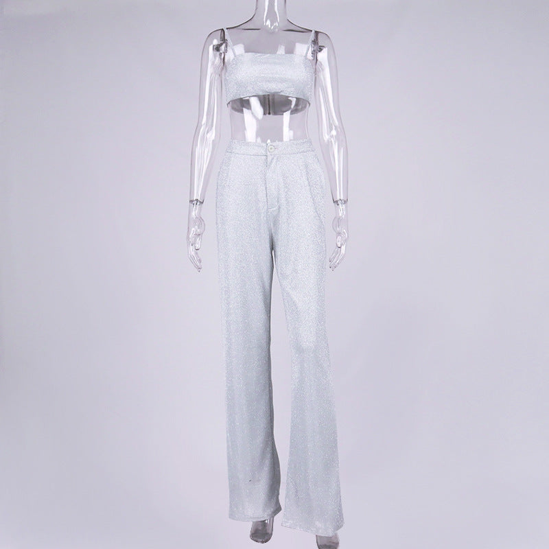 Silver Shiny Slip Crop Top and Wide Leg Pants 2-piece Set! Sexy Camisole Celebrity Fashion 2111 - KellyModa Store