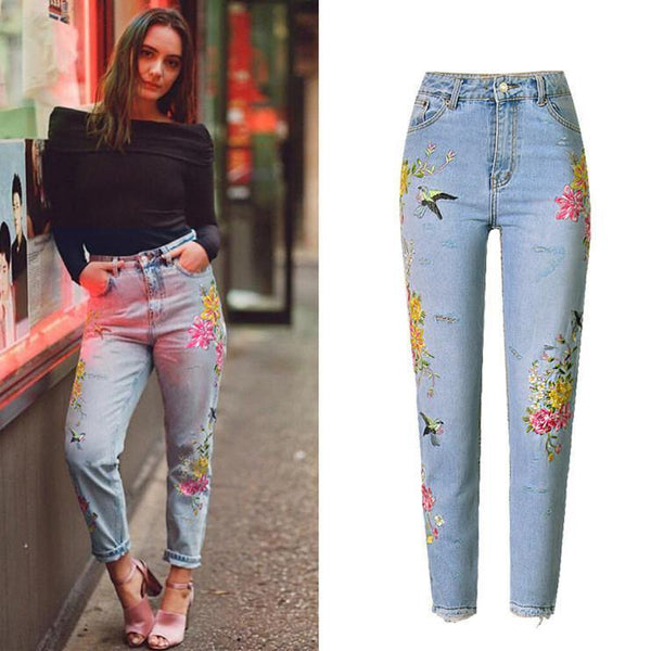 Birdie and Flowers! Distressed Blue Jeans, Embroidered Denim, Women Jeans, Femme Bottoms-TownTiger