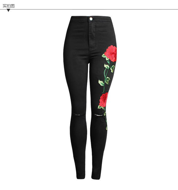 Black Flower!Embroidery Jeans, Denim, Bottoms, Women Jeans, Femme Bottoms, Pants Trousers-TownTiger