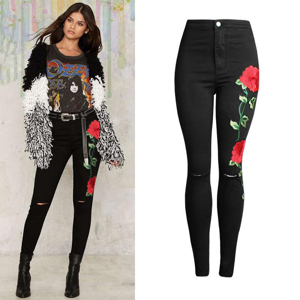 Black Flower!Embroidery Jeans, Denim, Bottoms, Women Jeans, Femme Bottoms, Pants Trousers-TownTiger