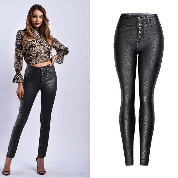 Black PU Skinny Leopard! Leather Pants, Bottoms, Women Jeans, Femme Bottoms, Leopard Skninny-TownTiger