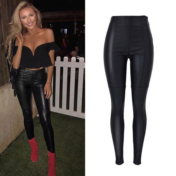 Black PU Skinny Minimal! Leather Stretch Pants, Bottoms, Women Jeans, Femme Bottoms, Leather-TownTiger