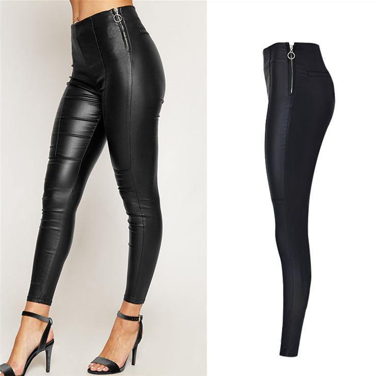 Black PU Skinny Minimal! Leather Stretch Pants, Bottoms, Women Jeans, Femme Bottoms, Leather-TownTiger