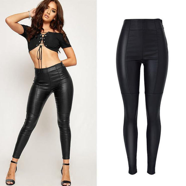 Black PU Skinny Minimal! Leather Stretch Pants, Bottoms, Women Jeans, Femme Bottoms, Leather-TownTiger