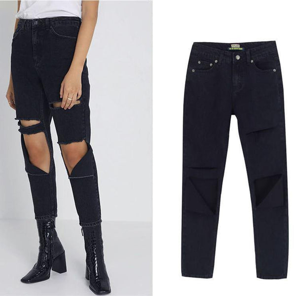 Black Ripped! Black Ripped Jeans, Denim, Bottoms, Women Jeans, Femme Bottoms, Pants Trousers-TownTiger