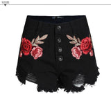 Black Ripped Flower! Embroidery Jeans Shorts, Denim, Bottoms, Women Jeans, Femme Bottoms, Hot Pants-TownTiger