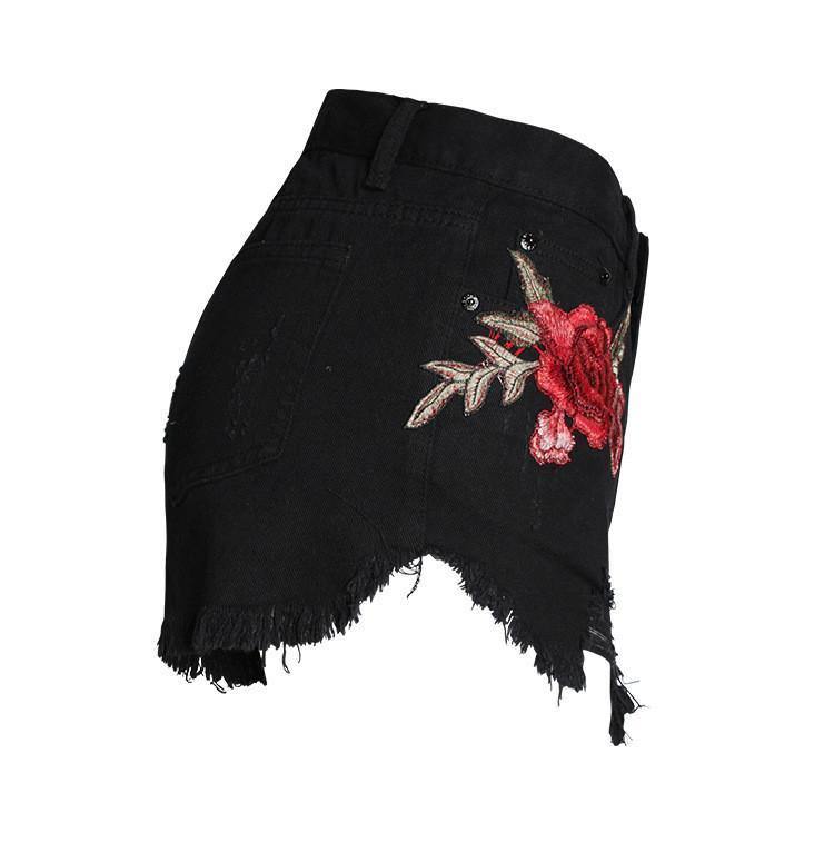 Black Ripped Flower! Embroidery Jeans Shorts, Denim, Bottoms, Women Jeans, Femme Bottoms, Hot Pants-TownTiger