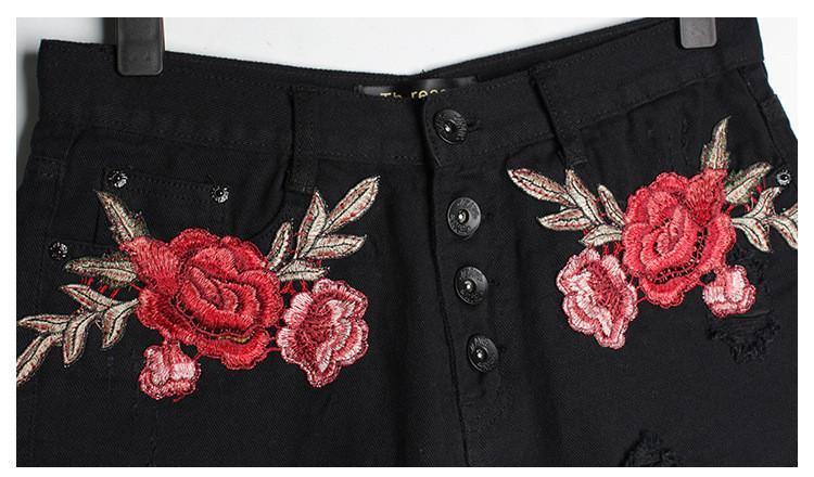 Black Ripped Flower! Embroidery Jeans Shorts, Denim, Bottoms, Women Jeans, Femme Bottoms, Hot Pants-TownTiger