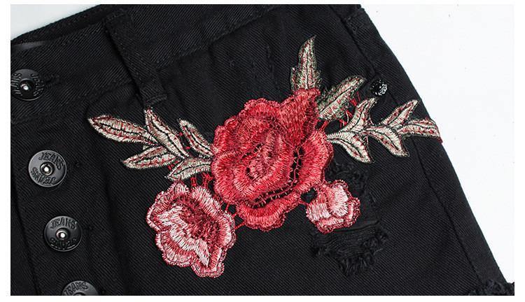 Black Ripped Flower! Embroidery Jeans Shorts, Denim, Bottoms, Women Jeans, Femme Bottoms, Hot Pants-TownTiger