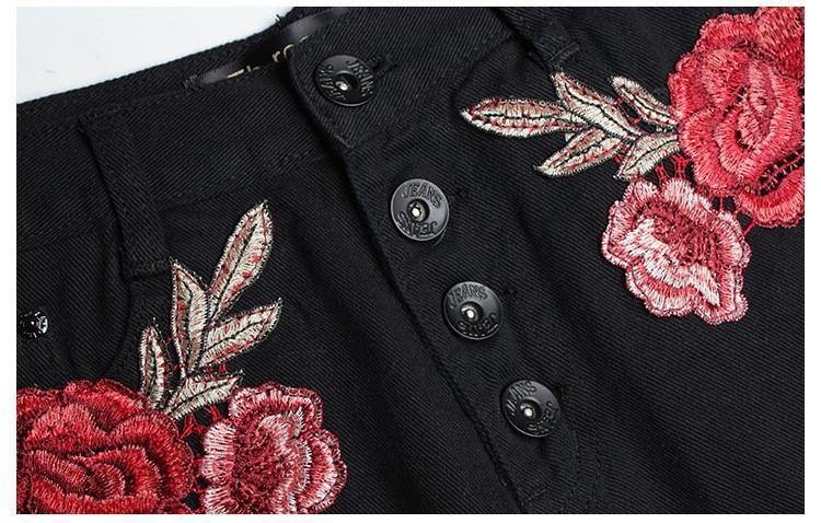 Black Ripped Flower! Embroidery Jeans Shorts, Denim, Bottoms, Women Jeans, Femme Bottoms, Hot Pants-TownTiger