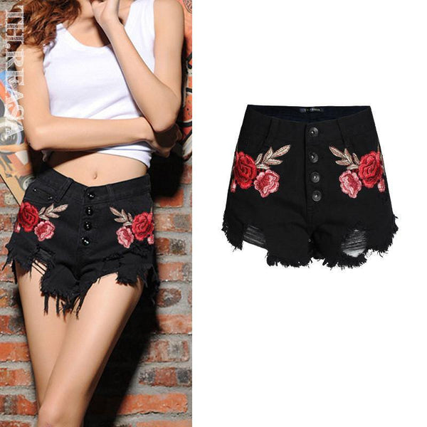 Black Ripped Flower! Embroidery Jeans Shorts, Denim, Bottoms, Women Jeans, Femme Bottoms, Hot Pants-TownTiger