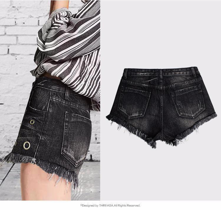 Black Shorts Eyelets!Black Jeans Shorts, Distressed Denim Hot Pants, Bottoms,Femme Bottoms - Bohedian.Shop