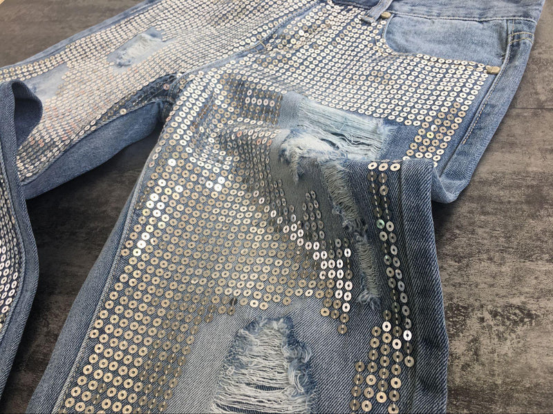 BlingBling!Blue Jeans Denim with Sequins, Ripped Women Jeans, Femme Bottoms, Pants Trousers-TownTiger