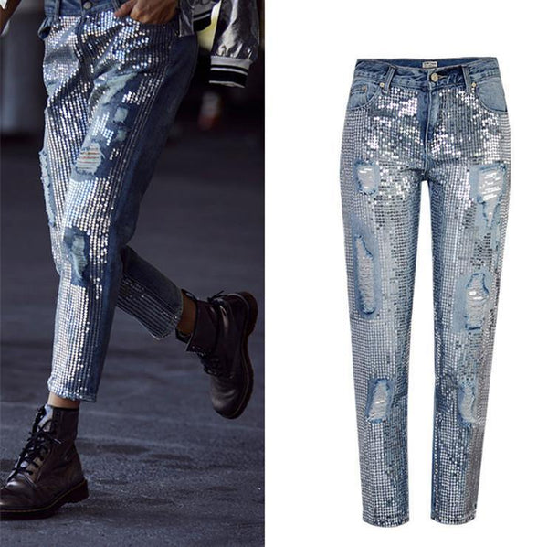 BlingBling!Blue Jeans Denim with Sequins, Ripped Women Jeans, Femme Bottoms, Pants Trousers-TownTiger