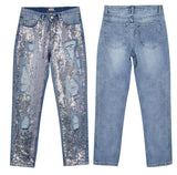 BlingBling!Blue Jeans Denim with Sequins, Ripped Women Jeans, Femme Bottoms, Pants Trousers-TownTiger