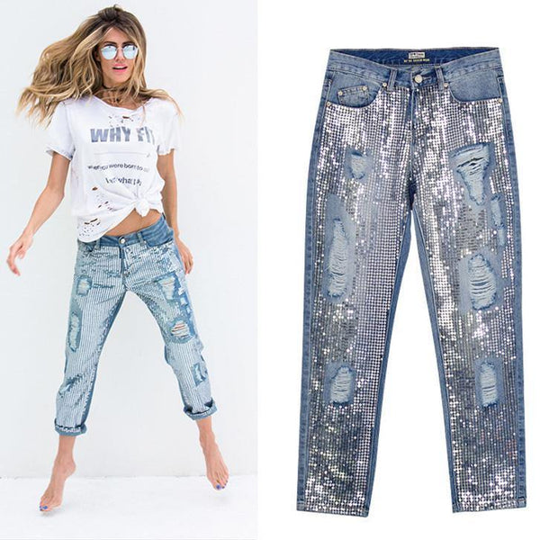 BlingBling!Blue Jeans Denim with Sequins, Ripped Women Jeans, Femme Bottoms, Pants Trousers-TownTiger