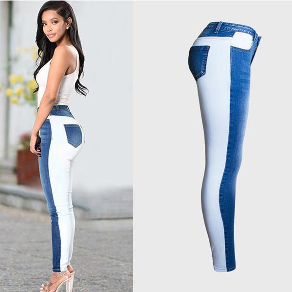 Blue and White Color-Contrast! Blue Skinny Jeans, Denim, Women Jeans, Femme Bottoms - Bohedian.Shop