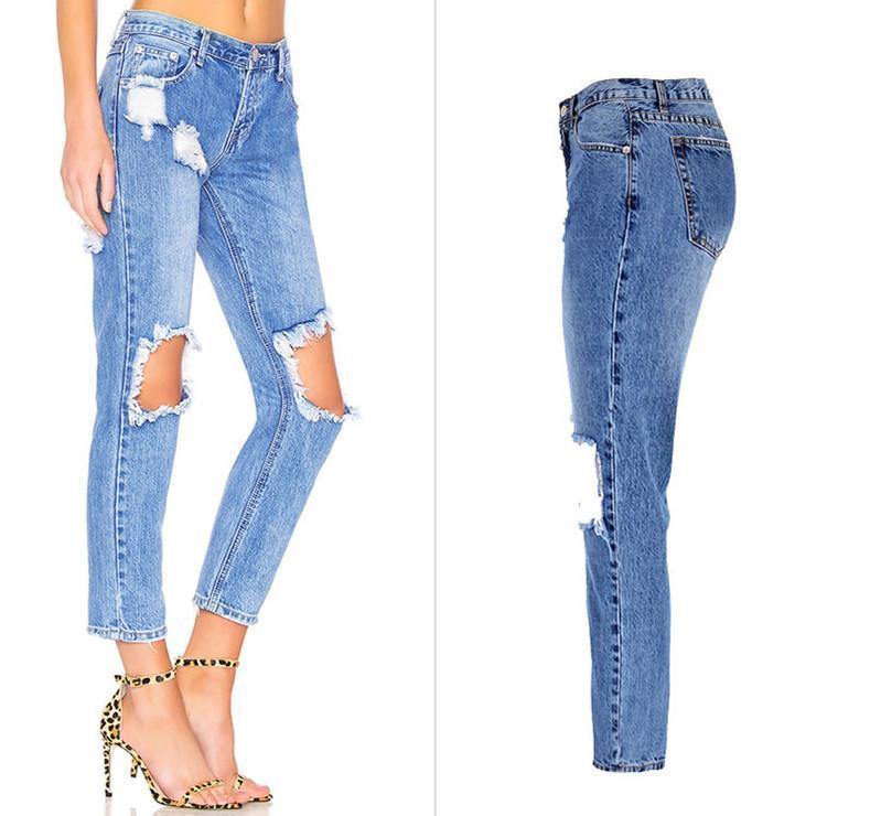 Blue Ripped Knee! Light Blue Ripped Jeans, Denim, Bottoms, Women Jeans, Femme Bottoms, Pants Trousers-TownTiger