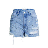 Blue Shorts Beads! Blue Jeans, Ripped Denim Hot Pants with Beads, Bottoms,Femme Bottoms - Bohedian.Shop