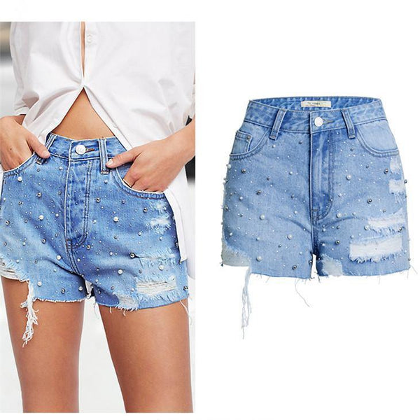 Blue Shorts Beads! Blue Jeans, Ripped Denim Hot Pants with Beads, Bottoms,Femme Bottoms - Bohedian.Shop