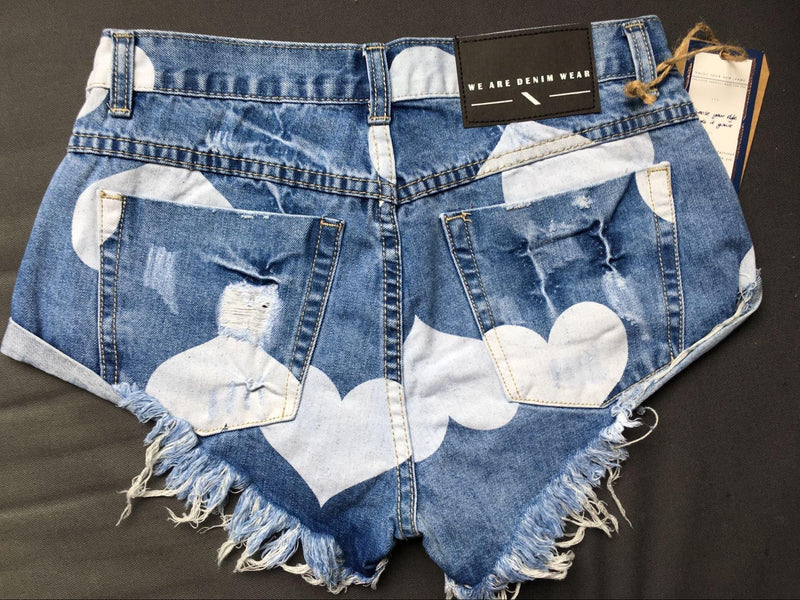 Blue Shorts Hearts!Blue Jeans,Printed Denim Hot Pants, Bottoms,Femme Bottoms - Bohedian.Shop