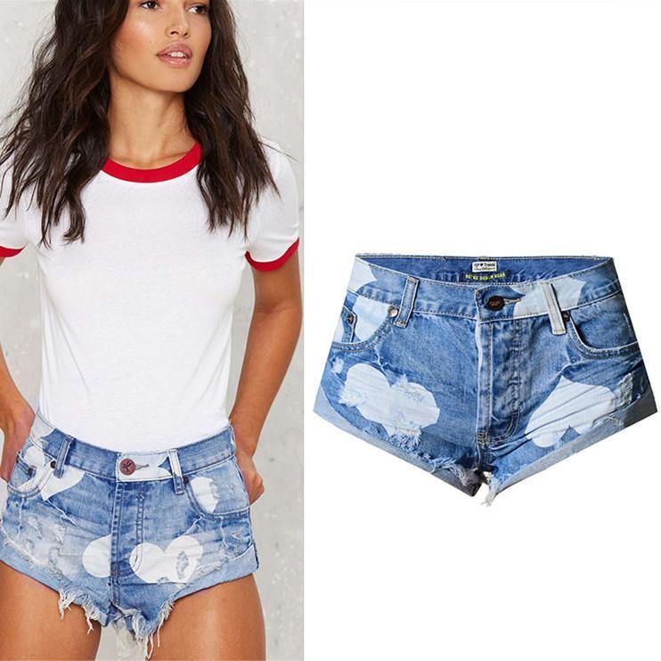 Blue Shorts Hearts!Blue Jeans,Printed Denim Hot Pants, Bottoms,Femme Bottoms - Bohedian.Shop